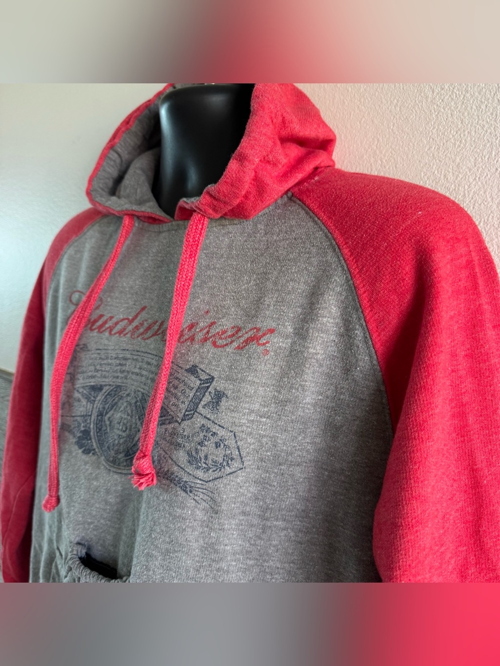 Vintage Budweiser Hoodie Brew City Beer Raglan Sweatshirt Beer Pocket (B1) Small - Picture 4 of 9